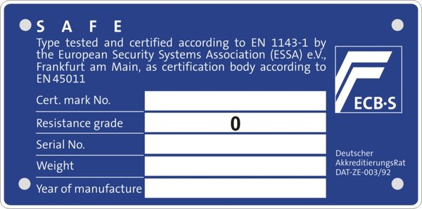 Tresor Wertschutzschrank Grad 0 mit Prüfplakette ECBS Widerstandsgrad 0 EN 1143-1