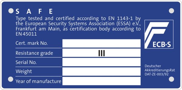 Tresor Wertschutzschrank Grad 3 mit Prüfplakette ECBS Widerstandsgrad 3 EN 1143-1